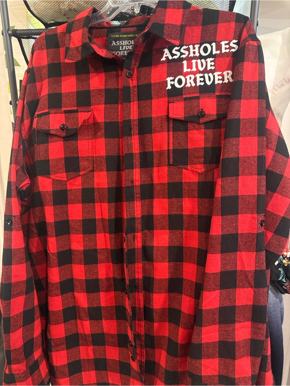 Plaid Button-Down Flannel Shirt with Assholes Live Forever - Red/Black